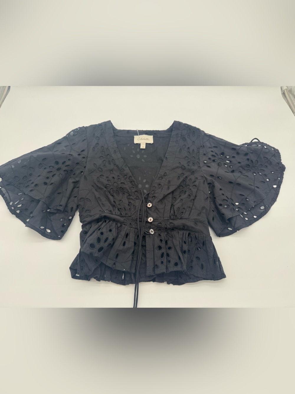 Cleobella Black Eyelet Tie-Front Puff Sleeve Top